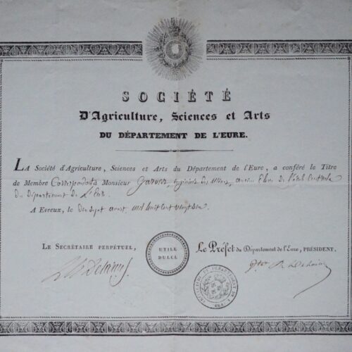 1826 : diplôme de la Société d'Agriculture, Sciences et Arts du département de l'Eure