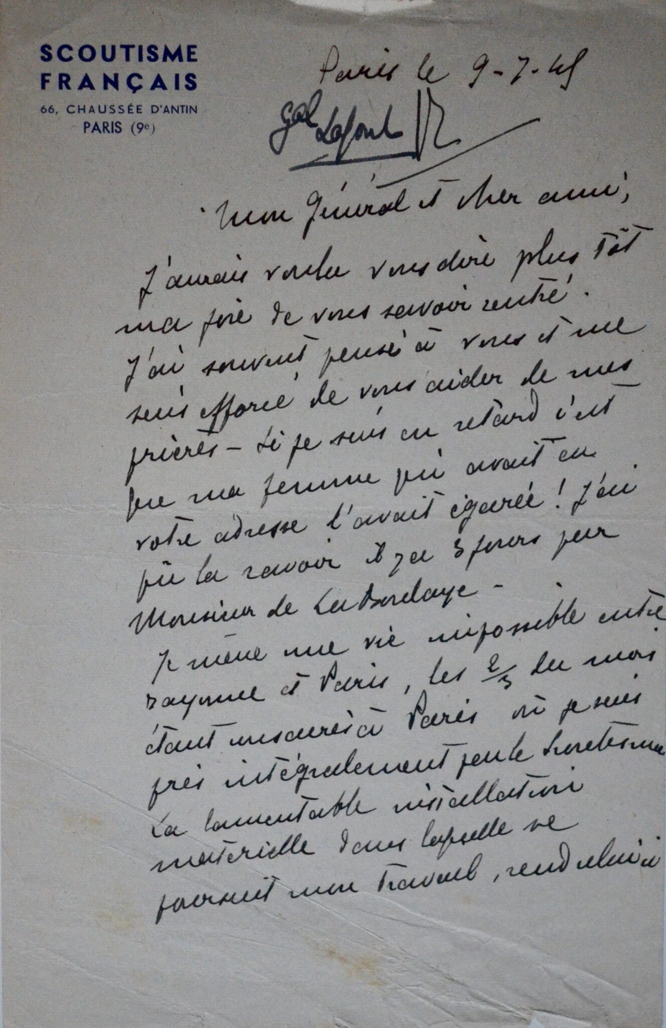 Lettre du général Joseph Lafont, chef du Scoutisme Français – vue 2 Lettre du général Joseph Lafont, chef du Scoutisme Français – vue 2