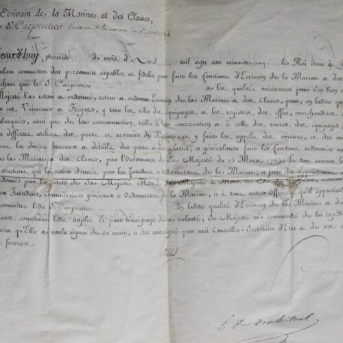 Brevet d'écrivain de la Marine de 1764, pour servir sur les vaisseaux et frégates