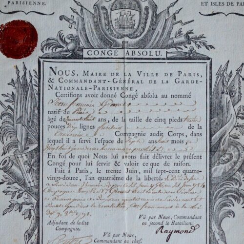 Congé absolu accordé à un fusilier de la Garde nationale de Paris, 1792, signé par Mandat de Grancey