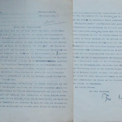 Belle lettre littéraire de Thomas Mann, sur les traductions françaises de ses ouvrages – vue 2