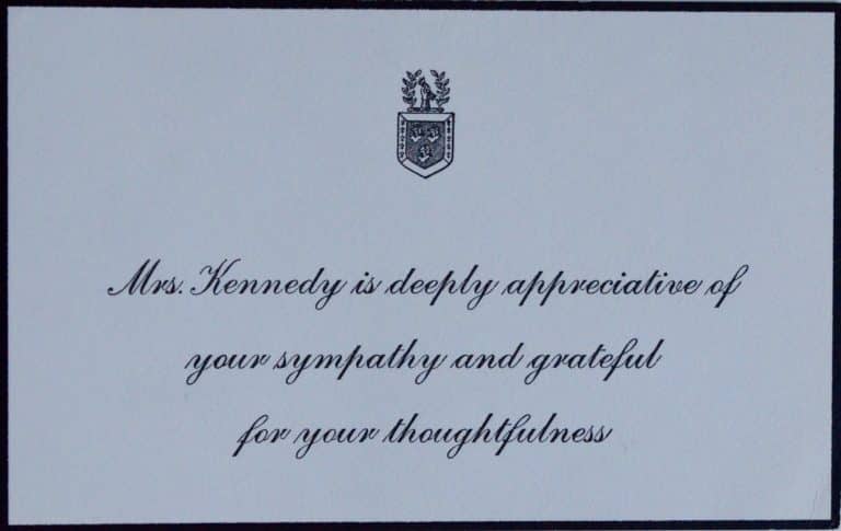 Carte de deuil de Jackie Kennedy pour la mort de JFK