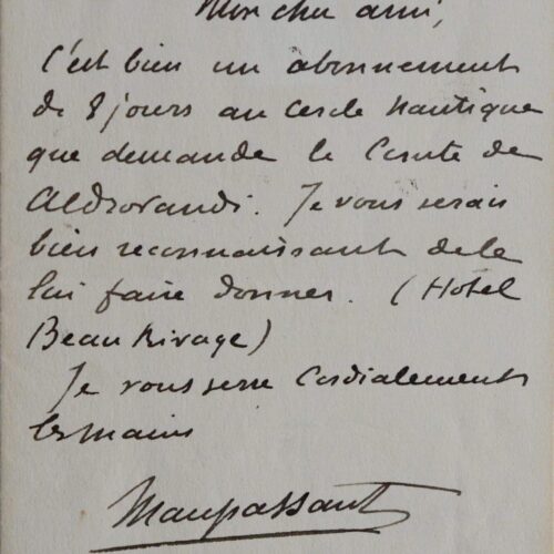 Maupassant demande un abonnement au Cercle Nautique pour le comte Aldrovandi – vue 2
