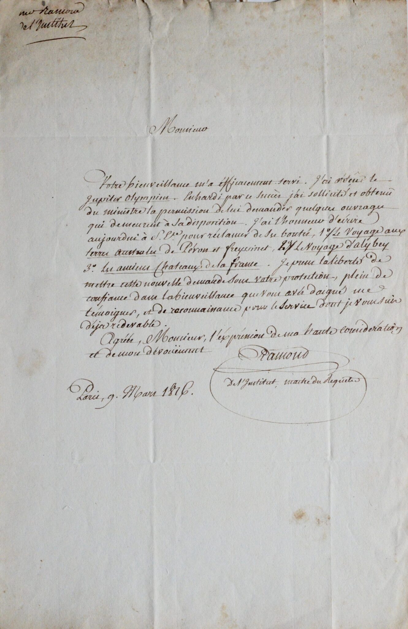 Le pyrénéiste Louis Ramond de Cabonnières demande des ouvrages – vue 2 Le pyrénéiste Louis Ramond de Cabonnières demande des ouvrages – vue 2