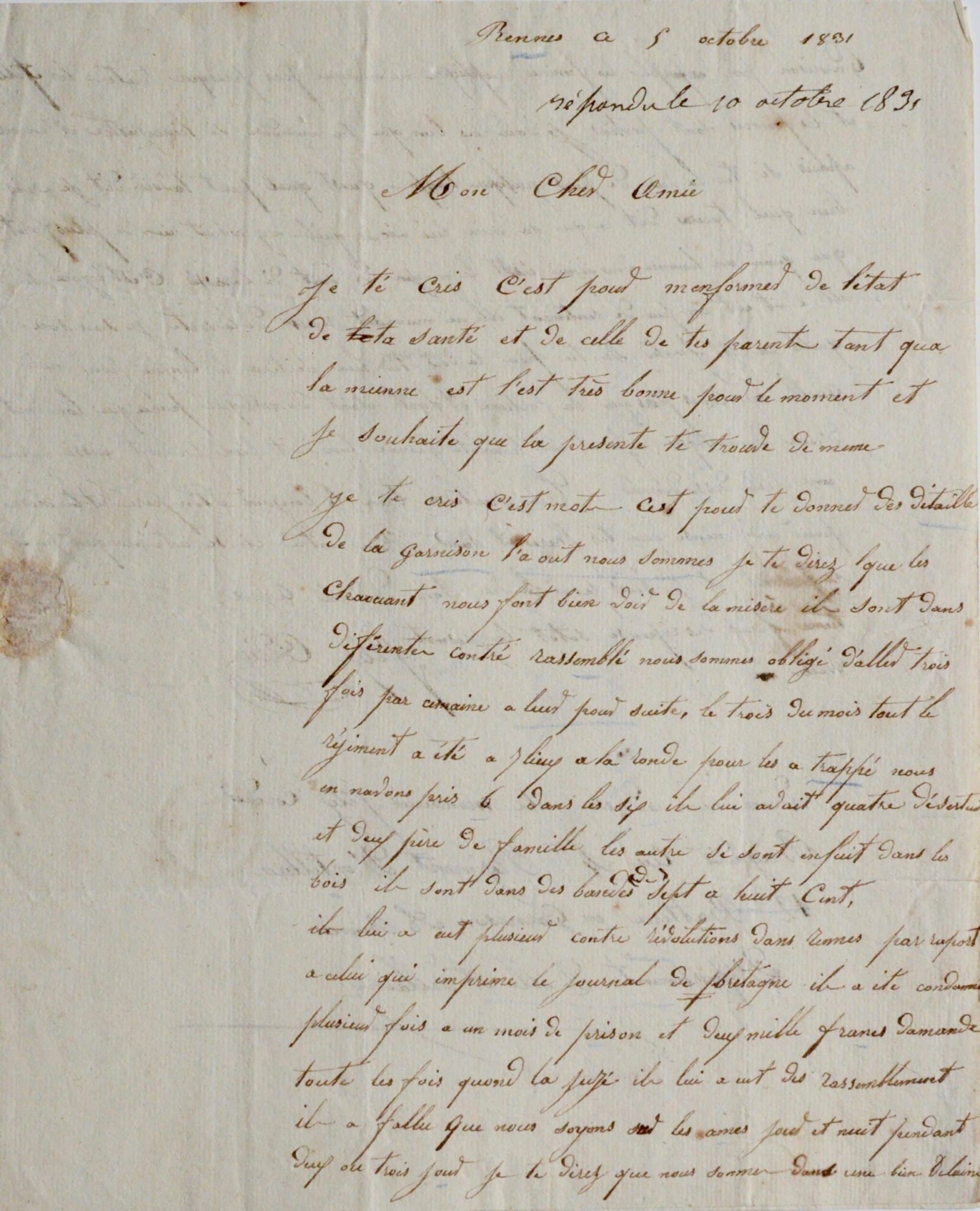 Félix Cordier, artillerieur, relate la contre-révolution à Rennes – vue 2 Félix Cordier, artillerieur, relate la contre-révolution à Rennes – vue 2