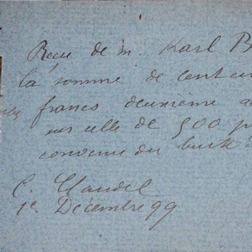 Très rare reçu de Camille Claudel pour la vente de son buste de Rodin – vue 2