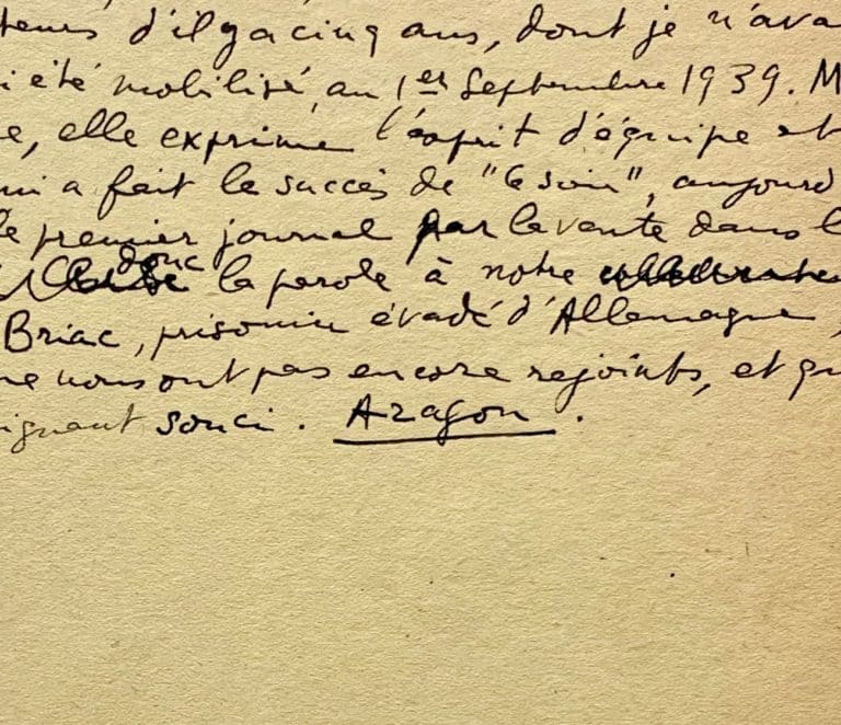 Manuscrit d&rsquo;Aragon pour le millième numéro de Ce Soir