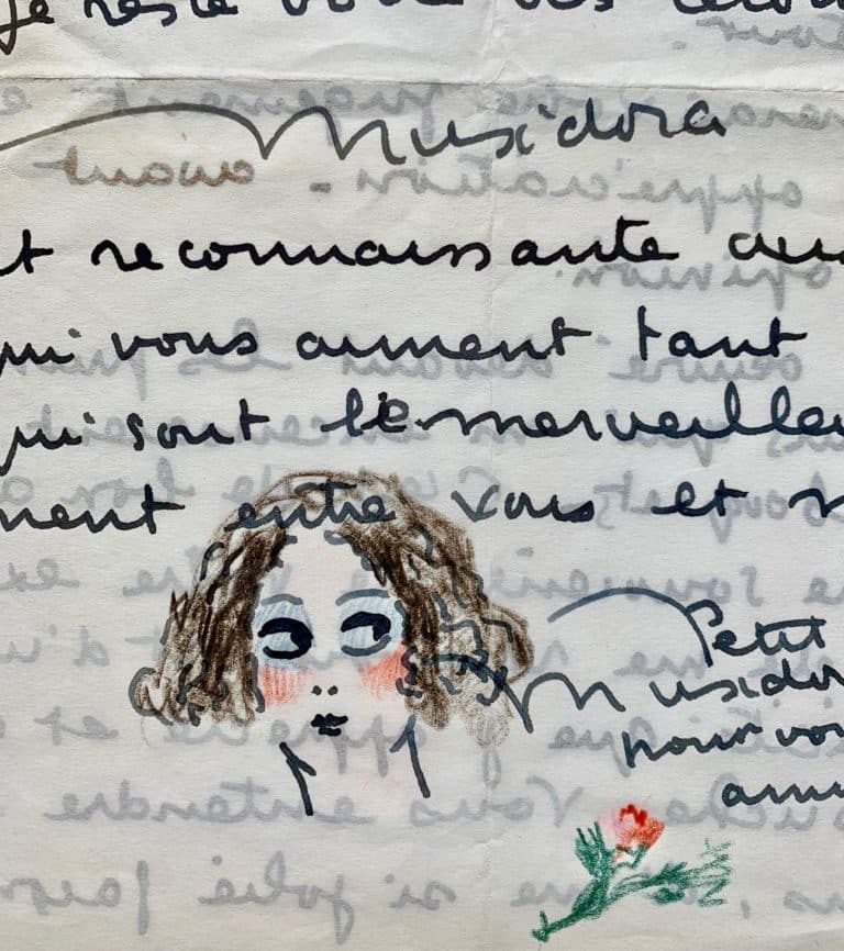 Jolie lettre de Musidora illustrée d&rsquo;un autoportrait