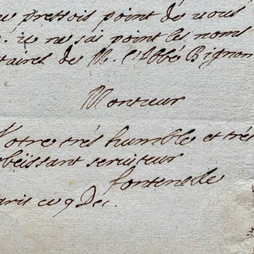 Rare lettre de Fontenelle à l'abbé Jean de Hautefeuille
