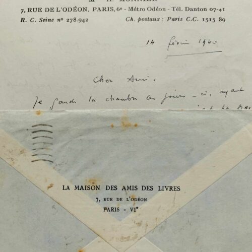 Belle correspondance de 5 lettres d'Adrienne Monnier à l'écrivain Henri Thomas
