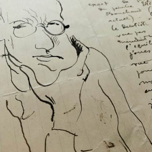 Belle lettre du peintre orientaliste Etienne Bouchaud illustrée d'un grand autoportrait