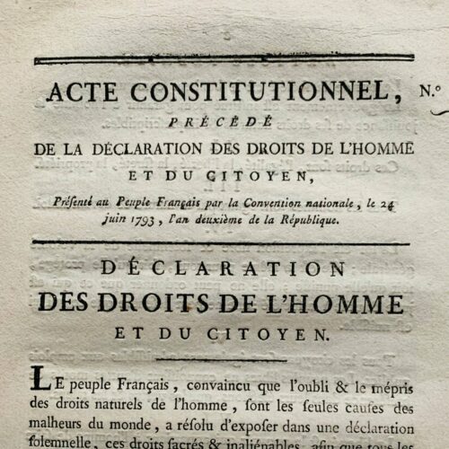 Imprimé de la Déclaration des Droits de l'homme et du citoyen avec l'acte constitutionnel de l'an 1
