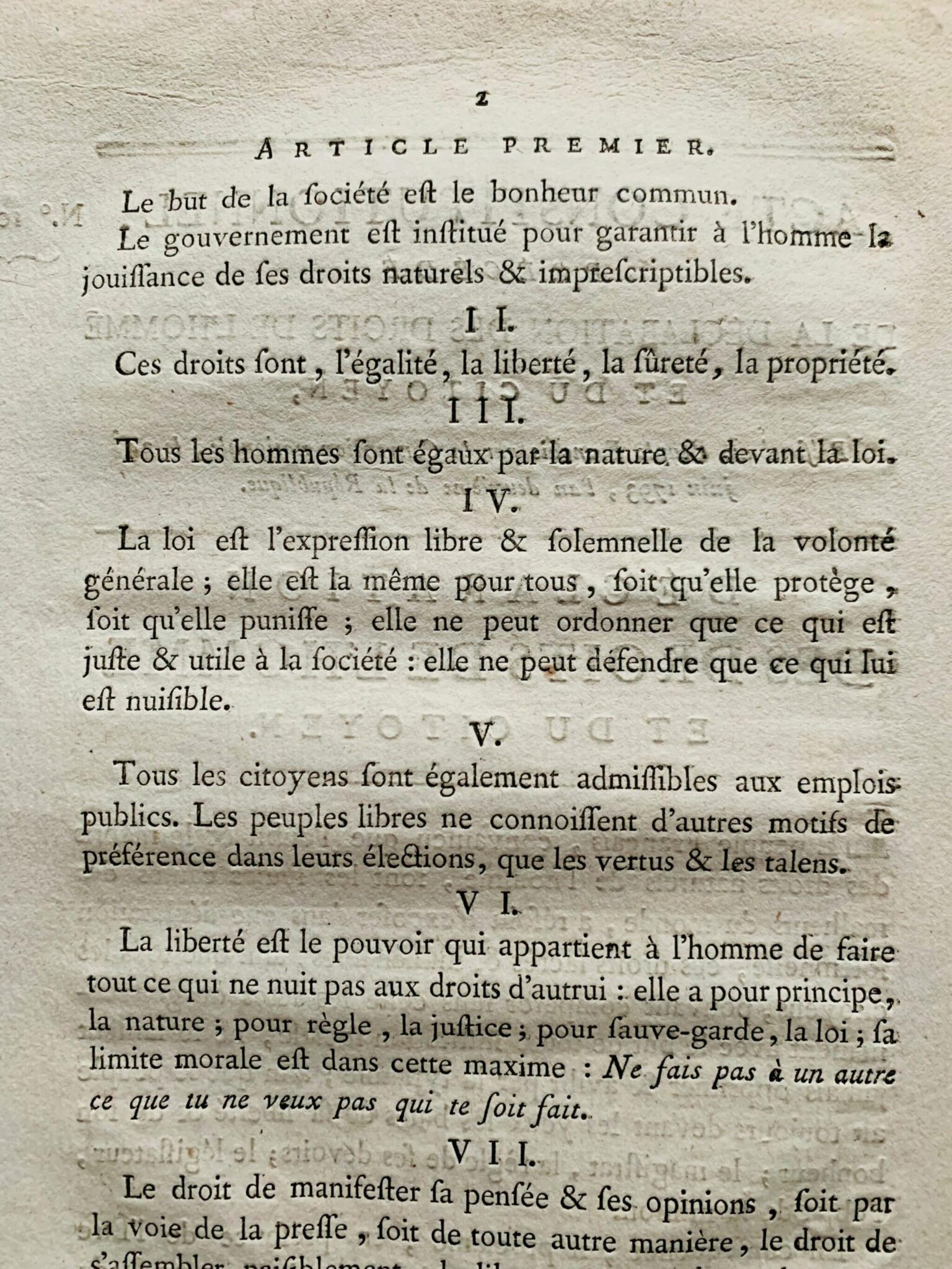 Imprimé de la Déclaration des Droits de l'homme et du citoyen avec l'acte constitutionnel de l'an 1 – vue 3 Imprimé de la Déclaration des Droits de l'homme et du citoyen avec l'acte constitutionnel de l'an 1 – vue 3