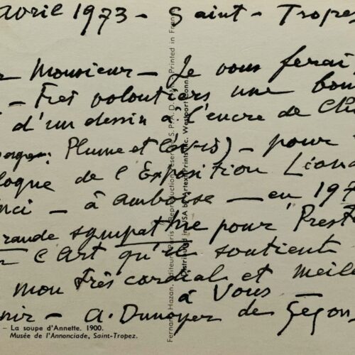 André Dunoyer de Segonzac accepte d'illustrer le catalogue de l'exposition Léonard de Vinci