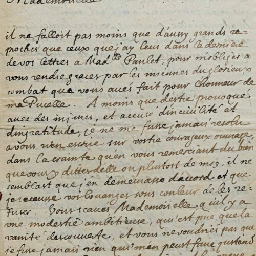 Superbe lettre de Jean Chapelain à Madeleine de Scudéry sur la controverse de la Pucelle – vue 2