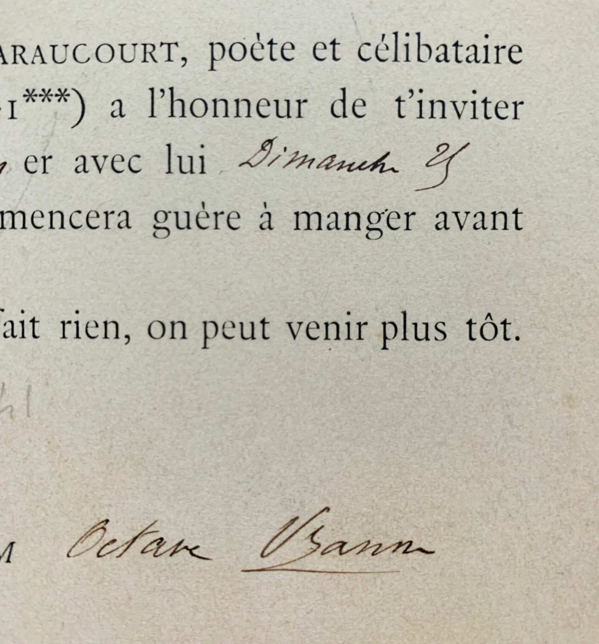 Truculente carte d’invitation d’Edmond Haraucourt à Octave Uzanne Truculente carte d'invitation d'Edmond Haraucourt à Octave Uzanne