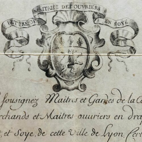 Brevet de maîtrise d'ouvrier en soie de Lyon du début du XVIIIe