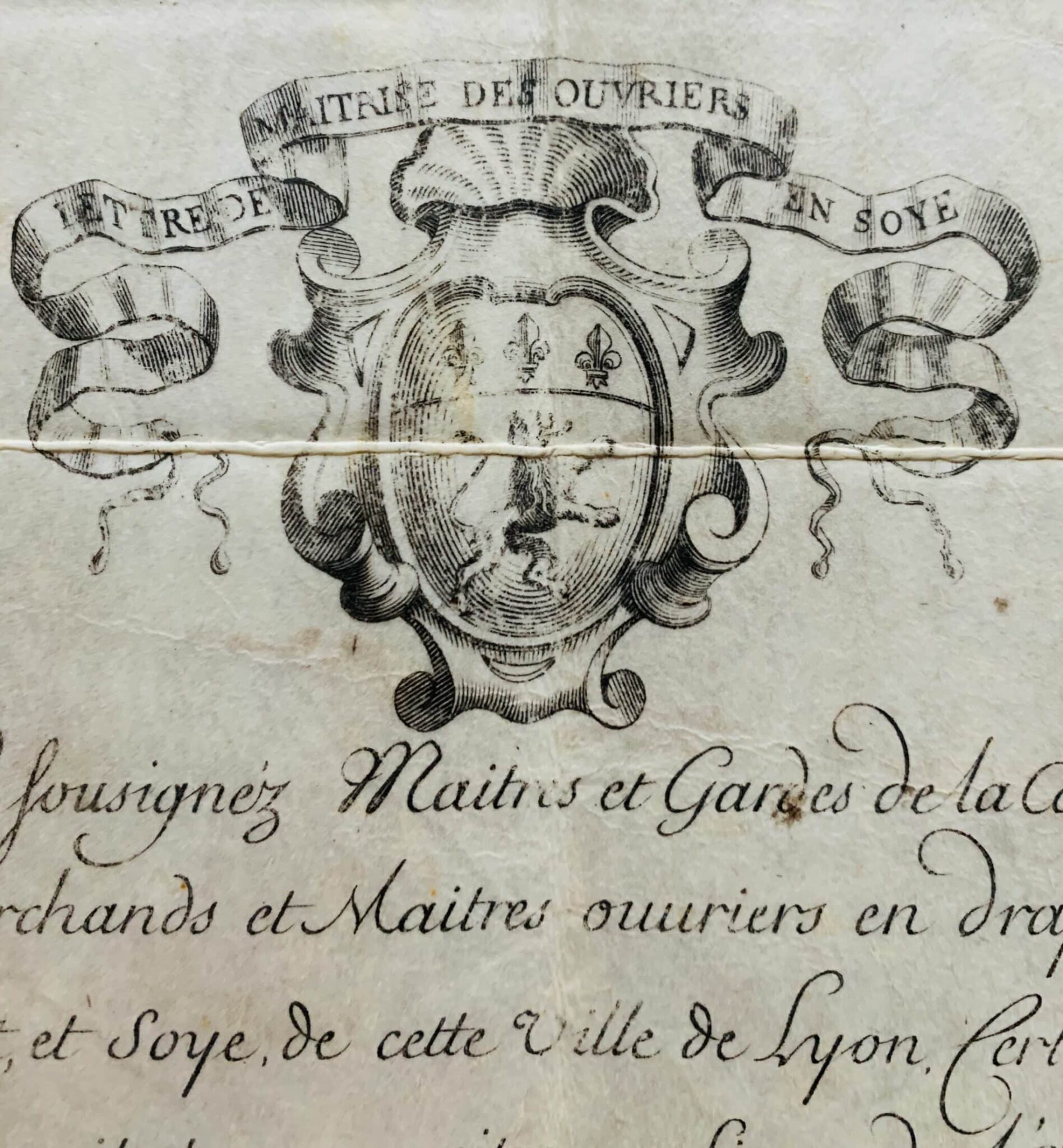 Brevet de maîtrise d’ouvrier en soie de Lyon du début du XVIIIe