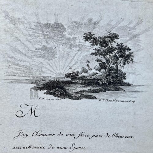 Magnifique faire-part de naissance vierge du XVIIIe siècle, illustré d'un bébé tenant un hochet
