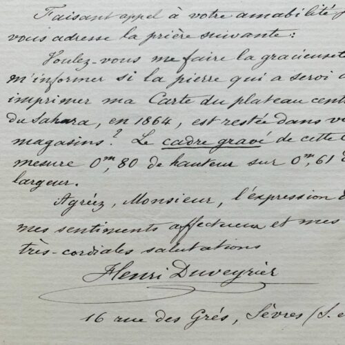 Explorer Henri Duveyrier inquired about the lithographic stone used for his map of the Sahara