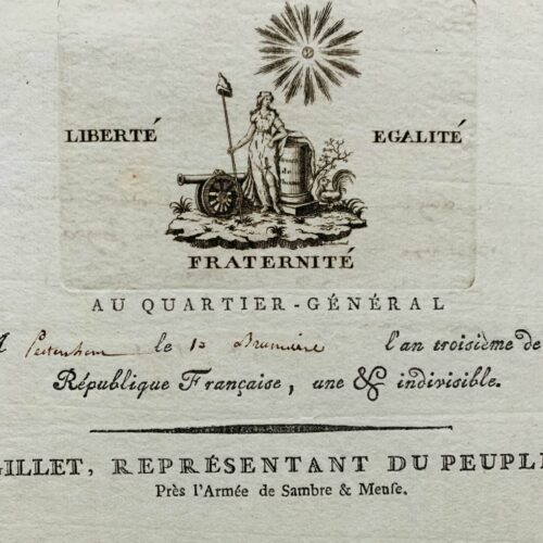 Lettre du conventionnel Pierre-Mathurin Gillet ornée d'une belle vignette emblématique signée Jacowick