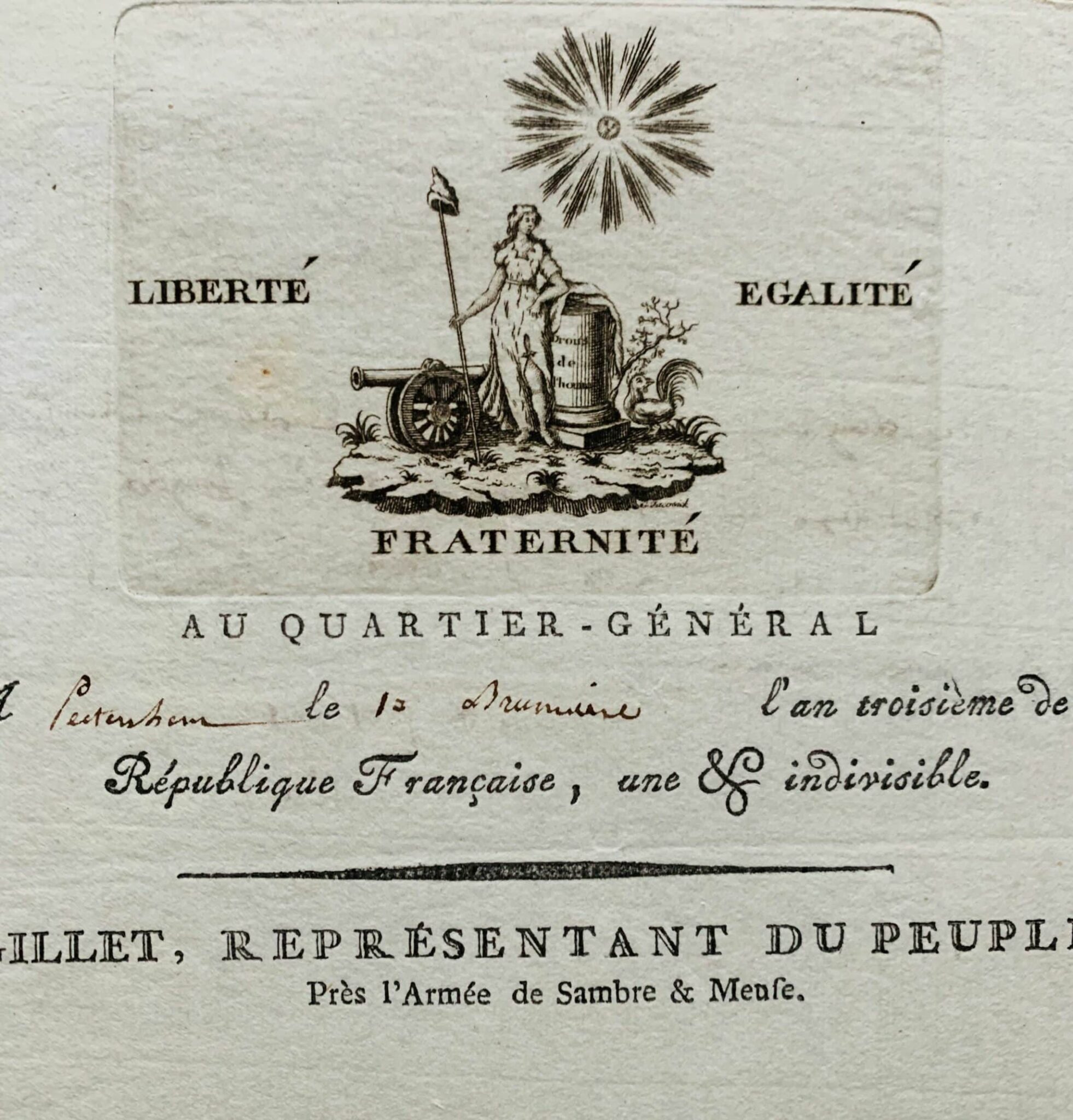 Lettre du conventionnel Pierre-Mathurin Gillet ornée d’une belle vignette emblématique signée Jacowick Lettre du conventionnel Pierre-Mathurin Gillet ornée d'une belle vignette emblématique signée Jacowick