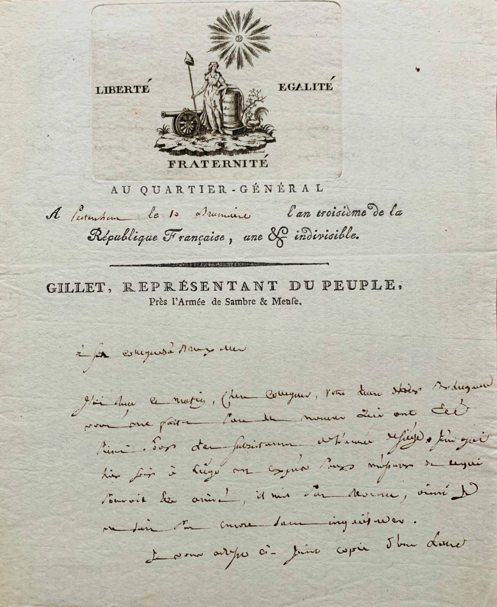 Lettre du conventionnel Pierre-Mathurin Gillet ornée d'une belle vignette emblématique signée Jacowick – vue 2 Lettre du conventionnel Pierre-Mathurin Gillet ornée d'une belle vignette emblématique signée Jacowick – vue 2