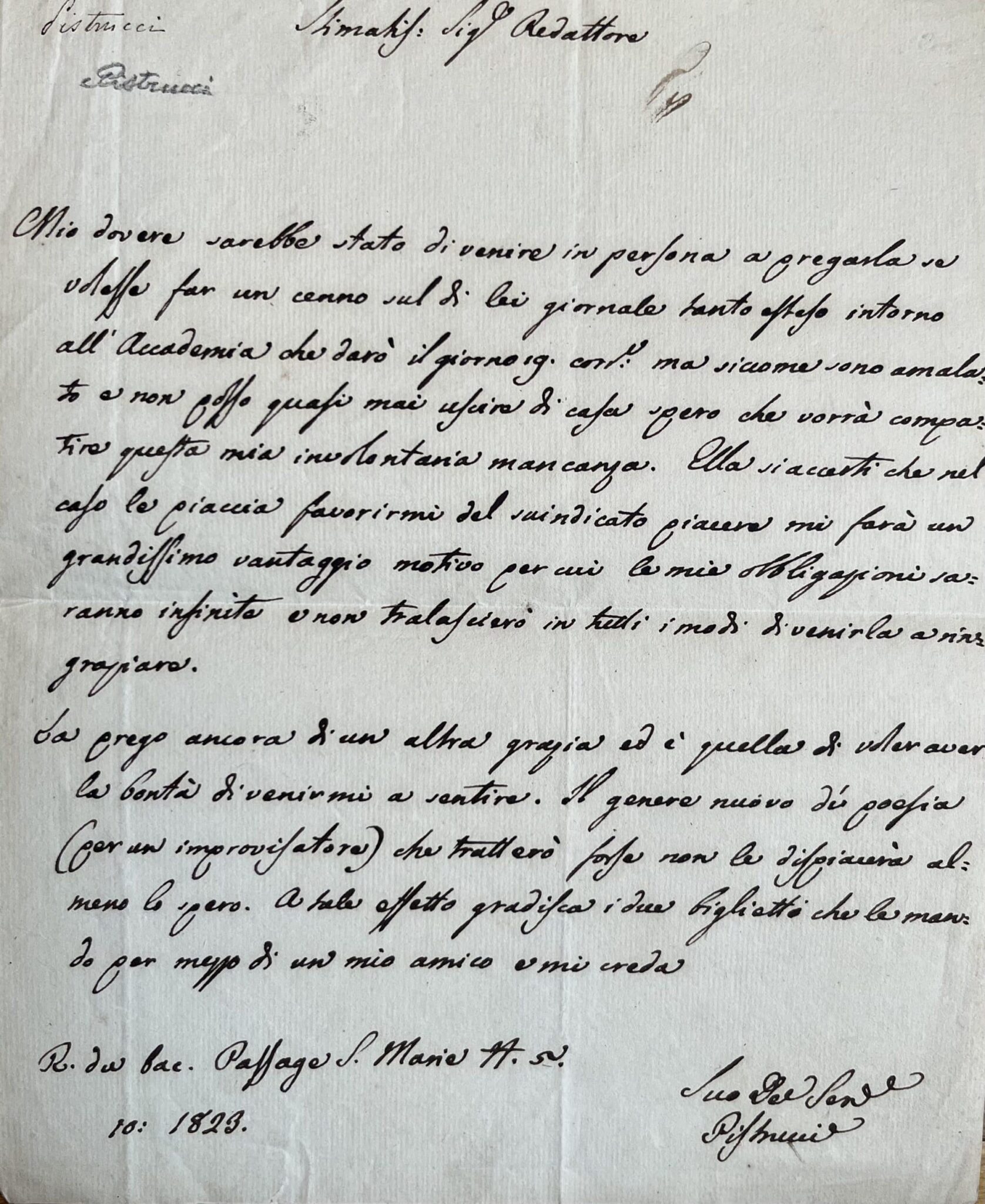 Lettre peu commune du poète italien Filippo Pistrucci – vue 2 Lettre peu commune du poète italien Filippo Pistrucci – vue 2