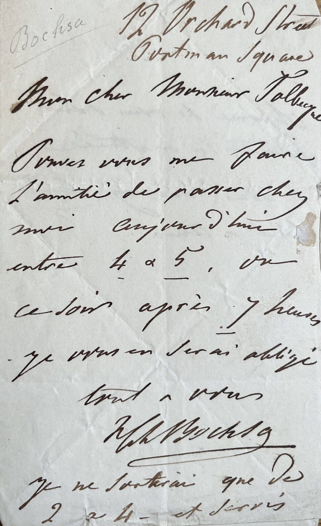 Rare billet du harpiste et compositeur Nicolas-Charles Bochsa, ancien élève de Méhul