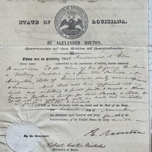 1844 : document signé par Alexandre Mouton, gouverneur de Louisiane – vue 2