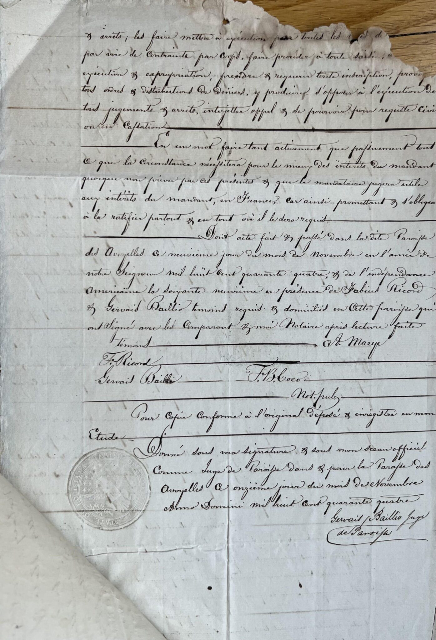 1844 : document signé par Alexandre Mouton, gouverneur de Louisiane – vue 4 1844 : document signé par Alexandre Mouton, gouverneur de Louisiane – vue 4