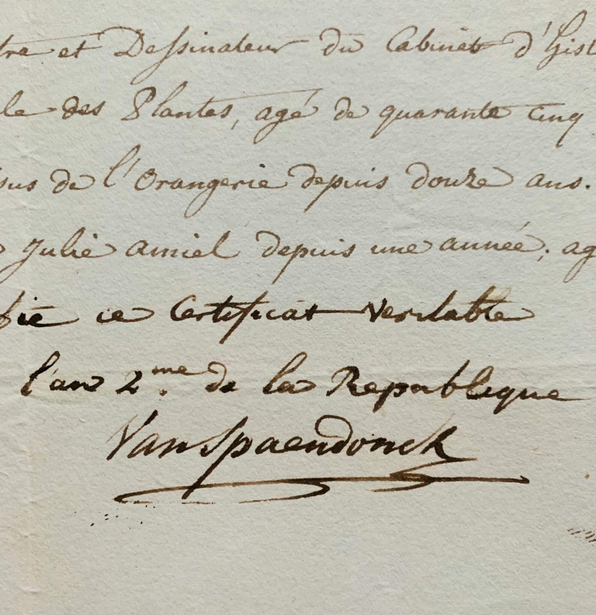 Certificat de résidence au Muséum du peintre Gérard Van Spaendonck