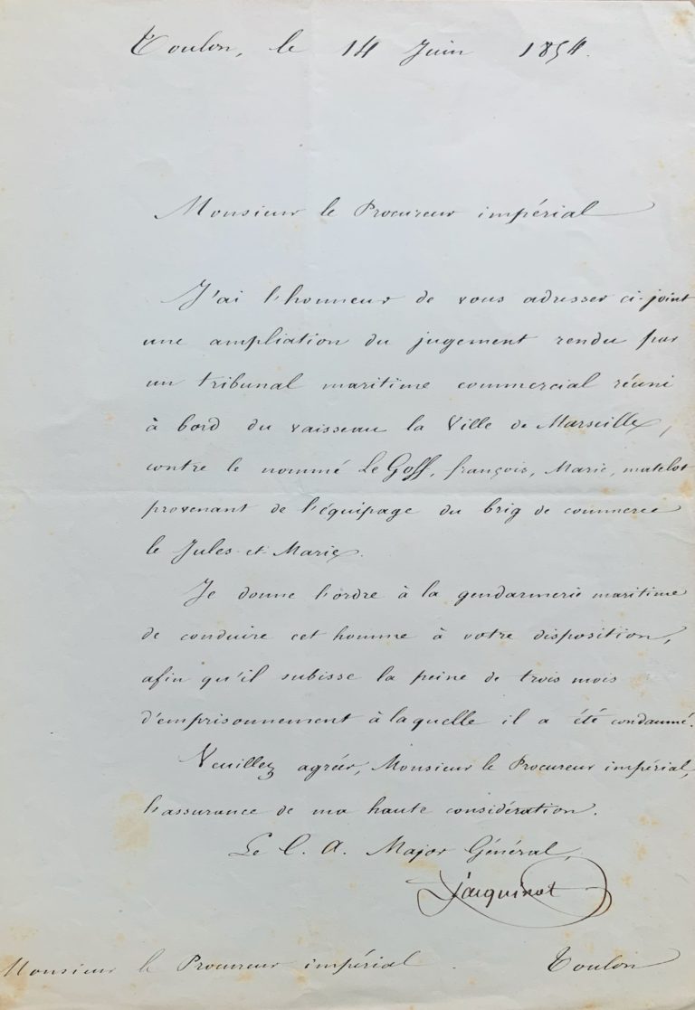 L&rsquo;amiral Jacquinot fait appliquer un jugement prononcé contre un matelot
