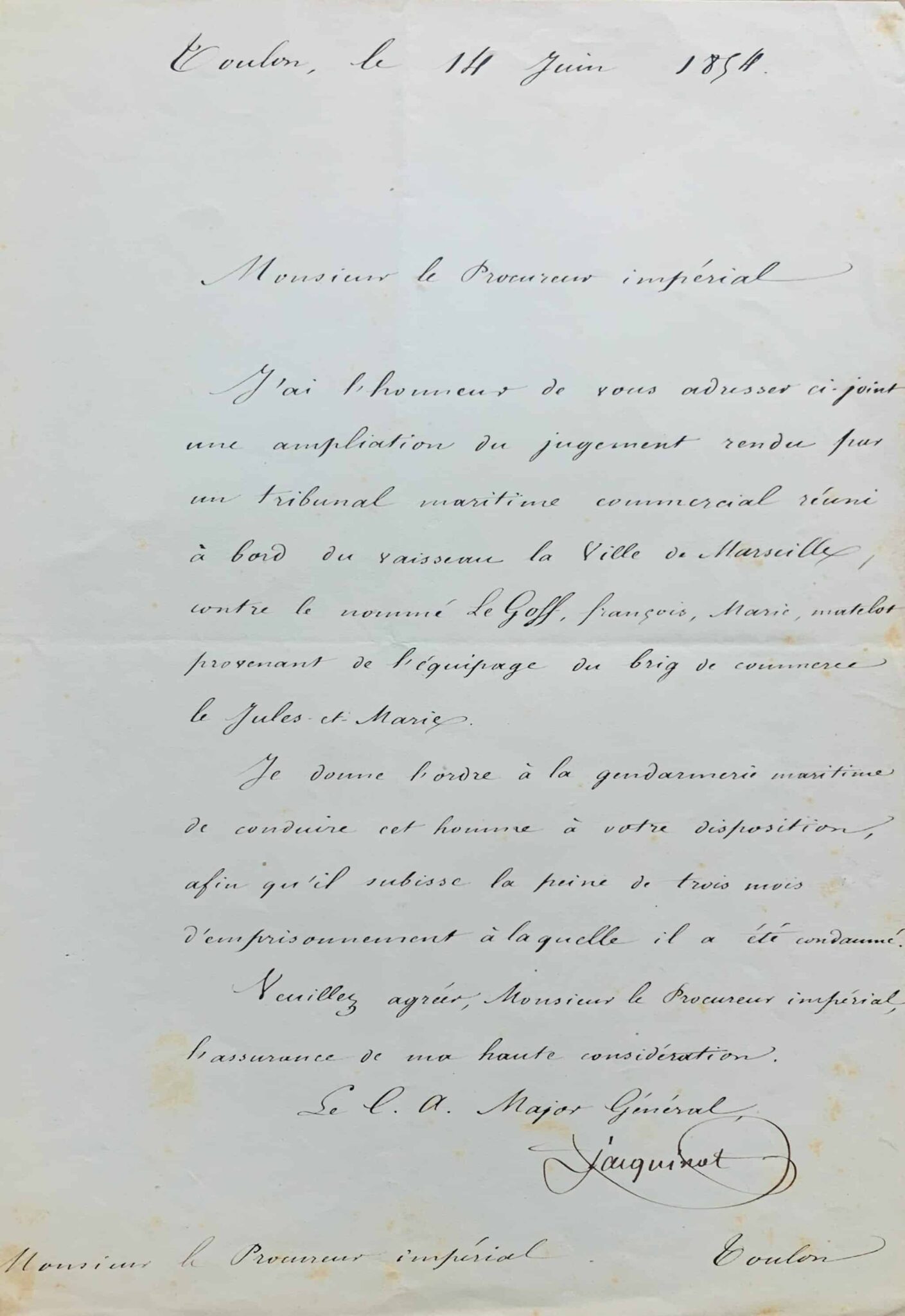L’amiral Jacquinot fait appliquer un jugement prononcé contre un matelot