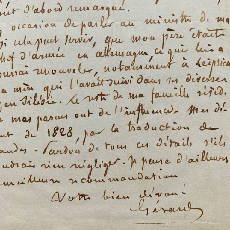 Longue lettre de Gérard de Nerval sur la contrefaçon de ses oeuvres et la préparation de son voyage