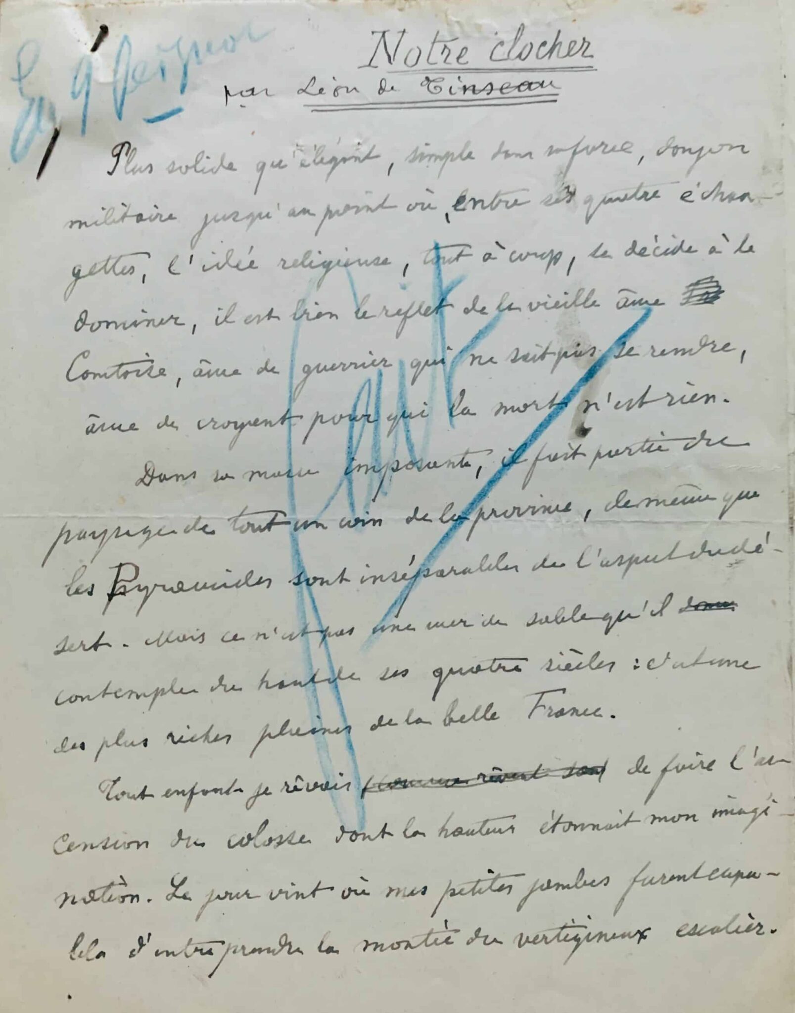 Manuscrit de Léon de Tinseau sur Dôle et son clocher – vue 2 Manuscrit de Léon de Tinseau sur Dôle et son clocher – vue 2