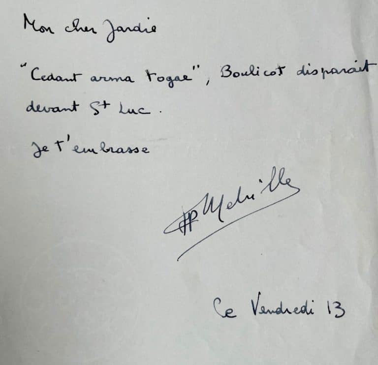 Formidable billet de Jean-Pierre Melville à Paul Meurisse en clin d&rsquo;oeil à L&rsquo;Armée des ombres