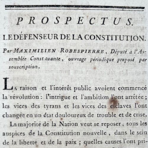 Prospectus de souscription du "Défenseur de la Constitution" de Maximilien Robespierre