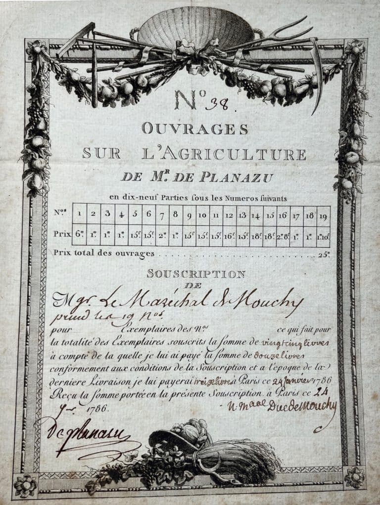 Très belle souscription gravée pour les Oeuvres d&rsquo;agriculture de Rey de Planazu