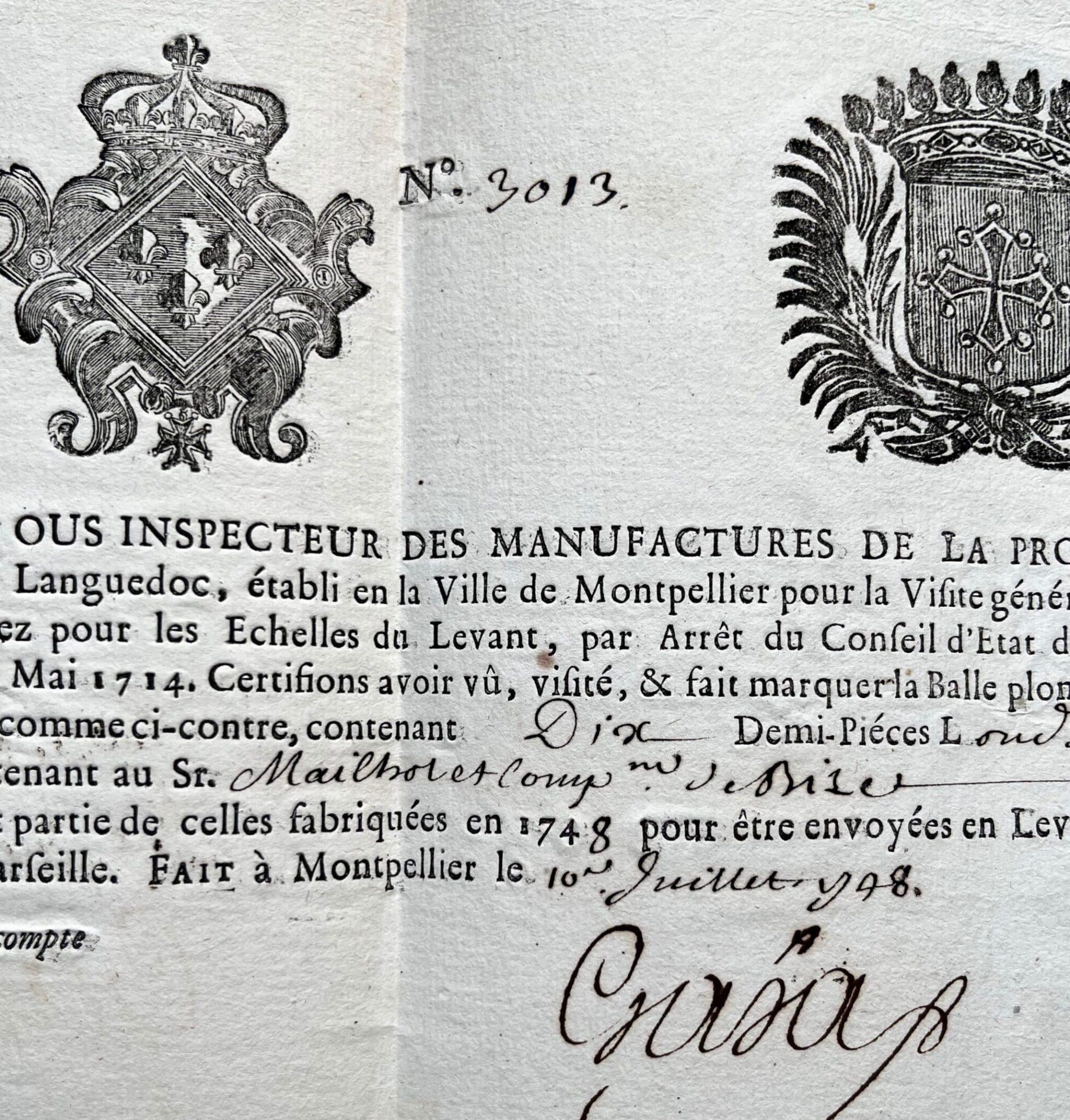 Certificat de visite de draps destinés aux Échelles du Levant