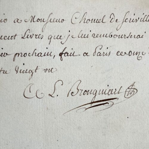 Le chimiste et apothicaire Antoine-Louis Brongniart reconnait une dette de 300 livres