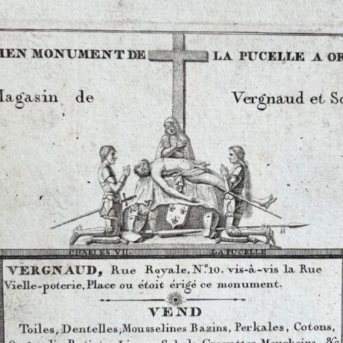 Très belle carte commenciale XVIIIe gravée : à l'enseigne de la Pucelle, à Orléans, avec Jeanne d'Arc et Charles VII