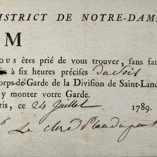 Convocation du 24 juillet 1789 pour monter la garde au District de Notre-Dame