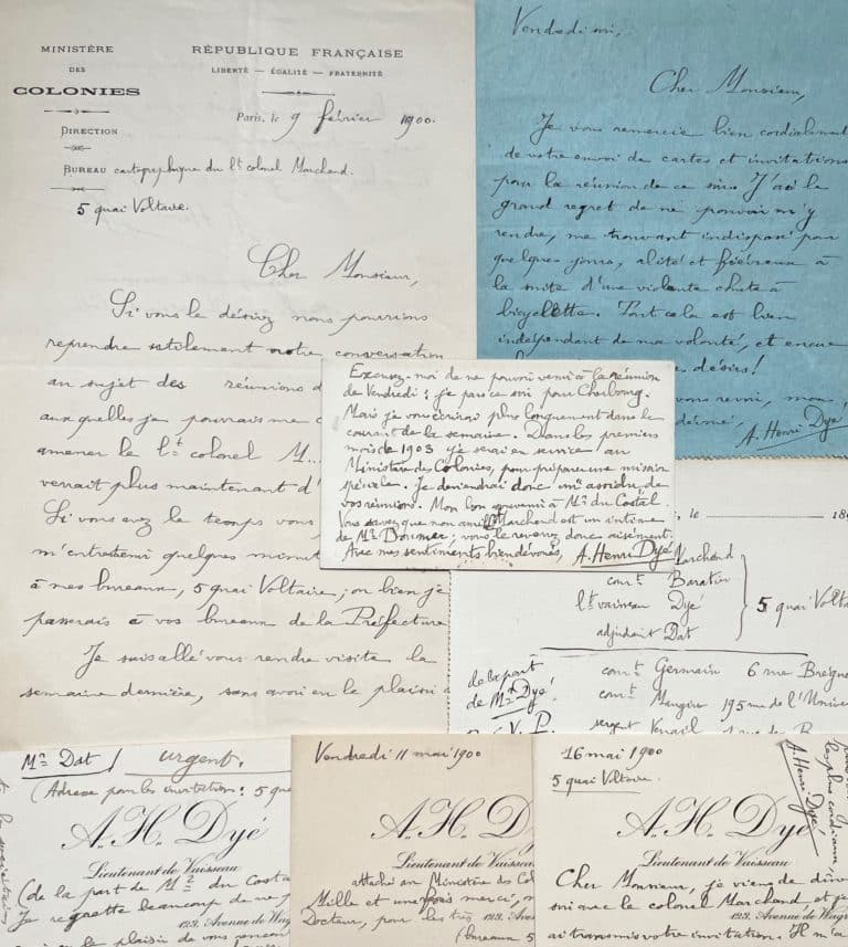 Ensemble de 6 lettres et cartes de l&rsquo;explorateur Alfred-Henri Dyé, évoquant le commandant Marchand