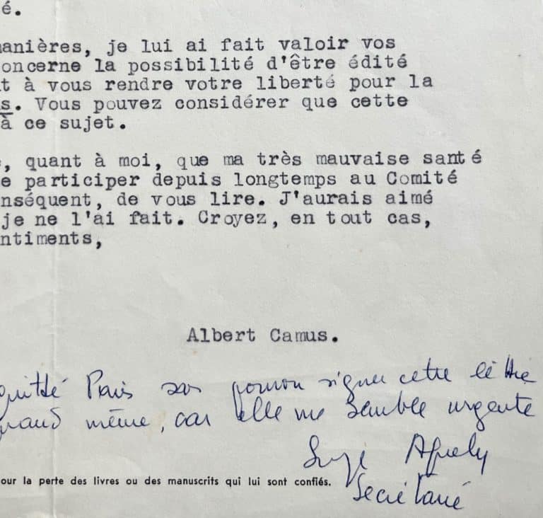 Albert Camus justifie la prise de décision de Gallimard auprès de l&rsquo;écrivain indépendantiste Jean-Pierre Millecam