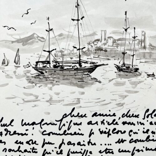 Lettre d'André Hambourg illustrée d'un beau dessin de la baie de Cannes