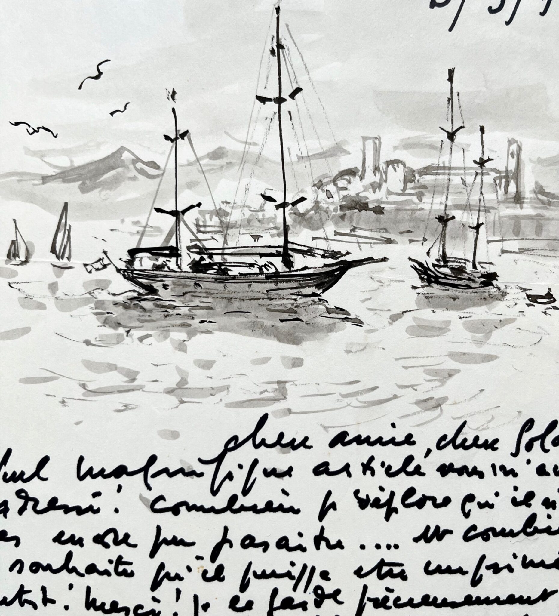 Lettre d’André Hambourg illustrée d’un beau dessin de la baie de Cannes