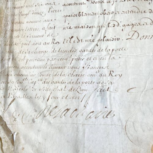 Parchemin signé François d'Aix comte de La Chaise, nommant de Pierre Bihoreau, garde de la Porte du Roi