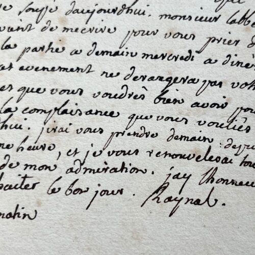 Rare lettre de l'abbé Raynal