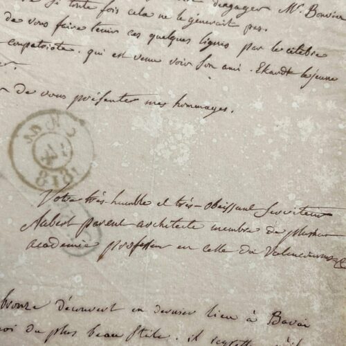 Lettre d'Aubert Parent sur les fouilles à Bavay et la découverte d'un bronze romain